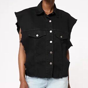 NEW Women With Control Black Denim Vest Sleeveless Button Front Stretchy Large